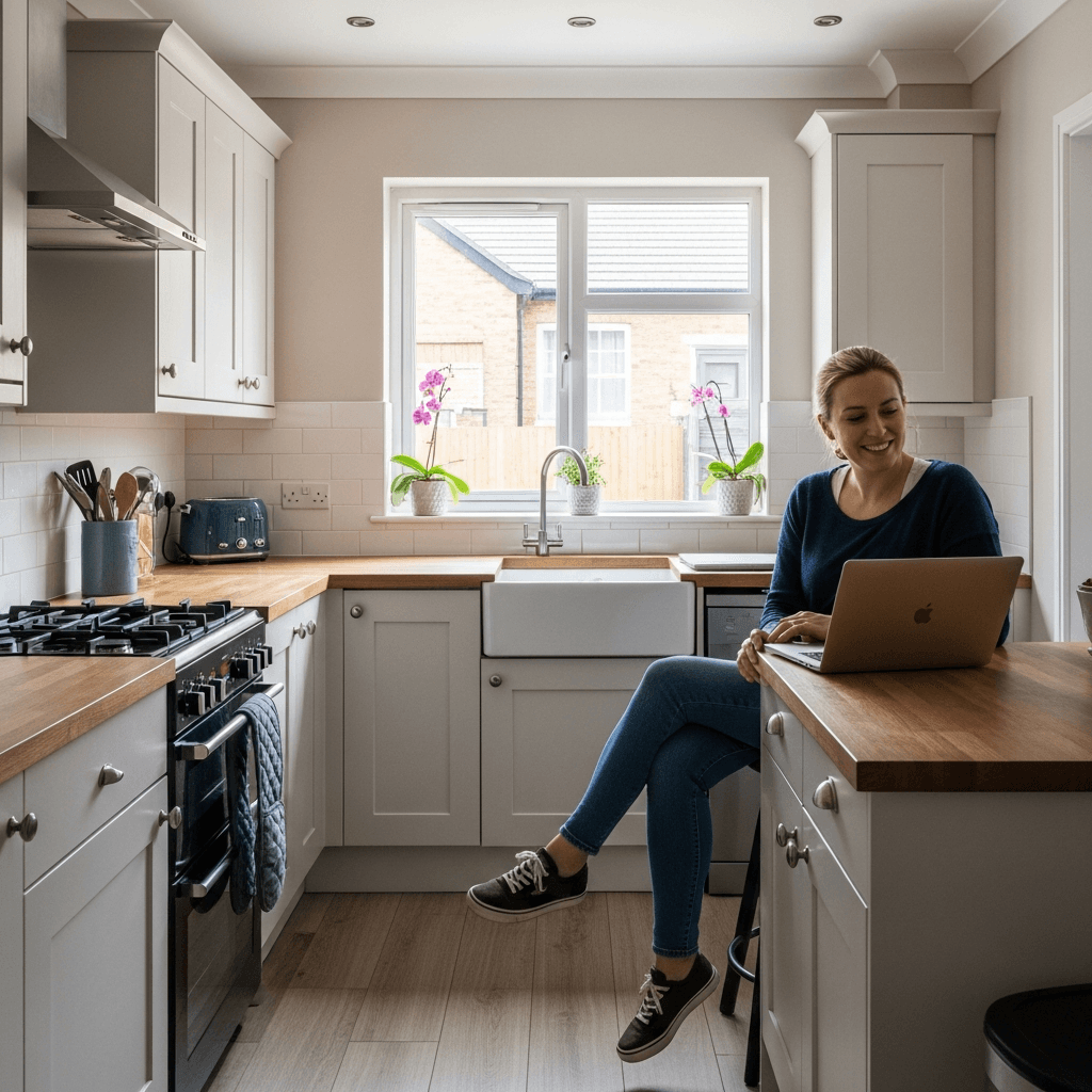 UK homeowner using heat pump cost calculator on laptop in bright modern kitchen