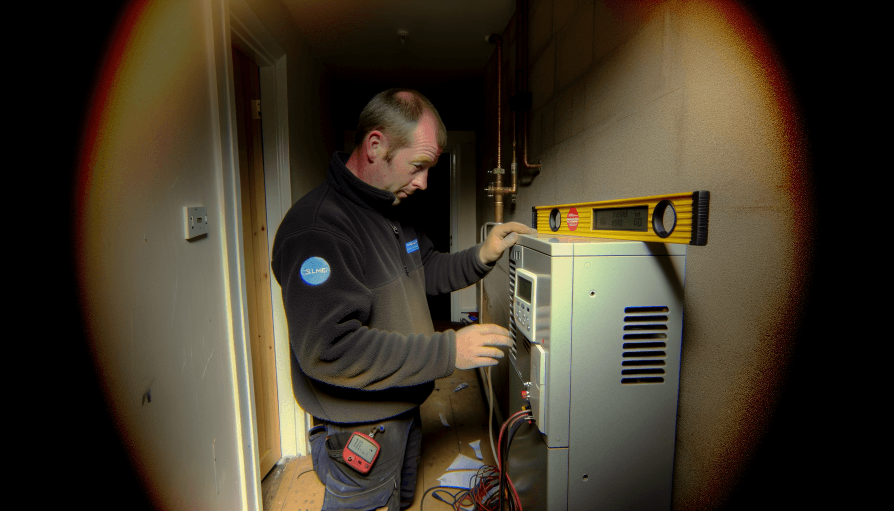 Engineer commissioning and setting up a heat pump system in a UK home