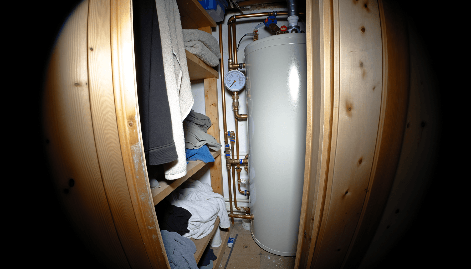 Hot water cylinder being installed in a UK airing cupboard for heat pump system