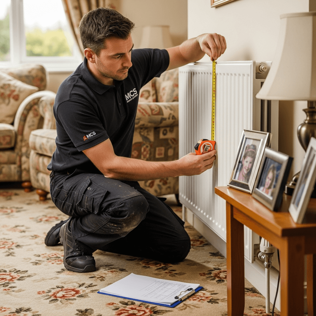 Installer carrying out a home survey for a heat pump installation in the UK