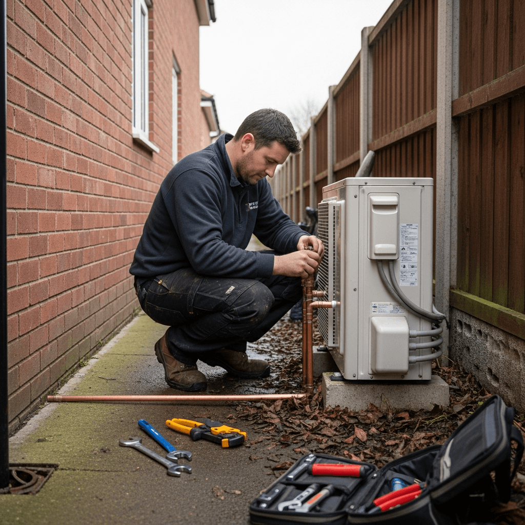 Heat pump installation engineer working at a real UK home