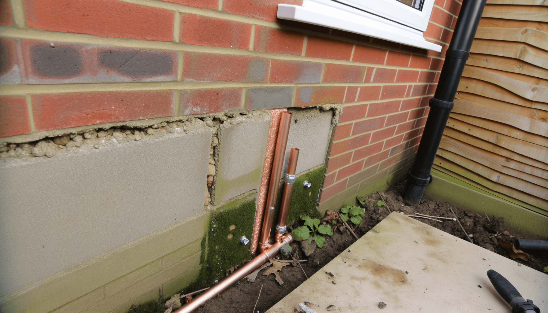 Detailed view of heat pump pipework being installed in a UK home