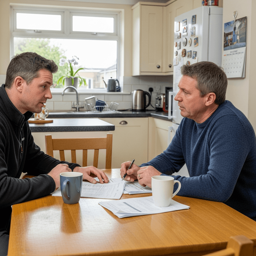 Homeowner and installer discussing a heat pump quote in a UK home