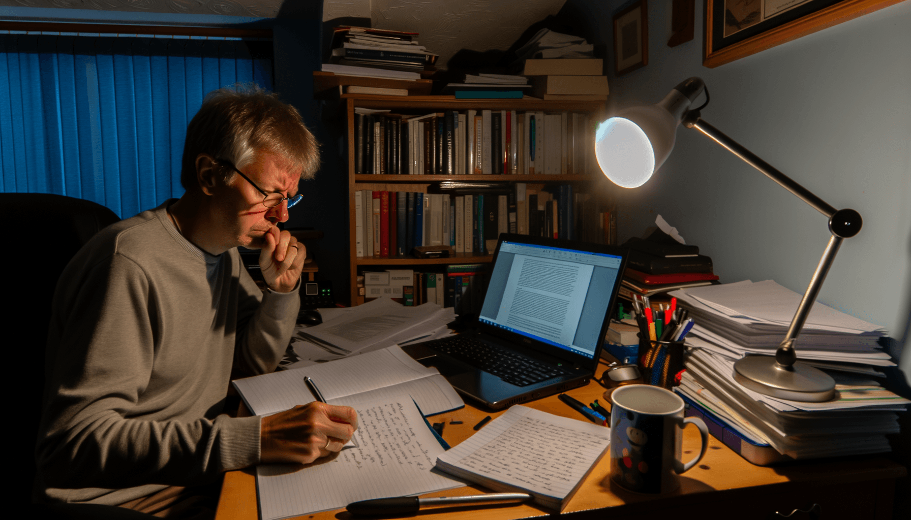 Researcher analysing heat pump data and methodology at a UK home office