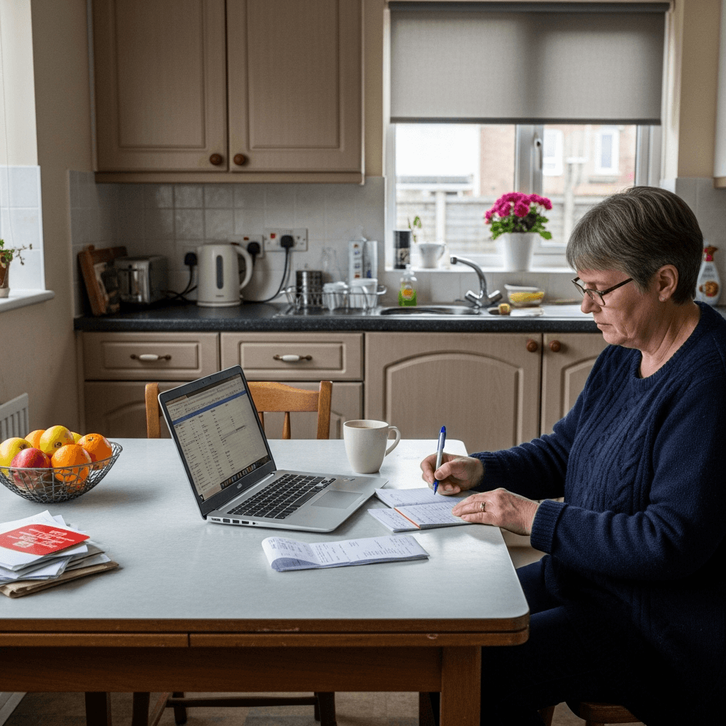 UK homeowner calculating energy bills and heat pump costs