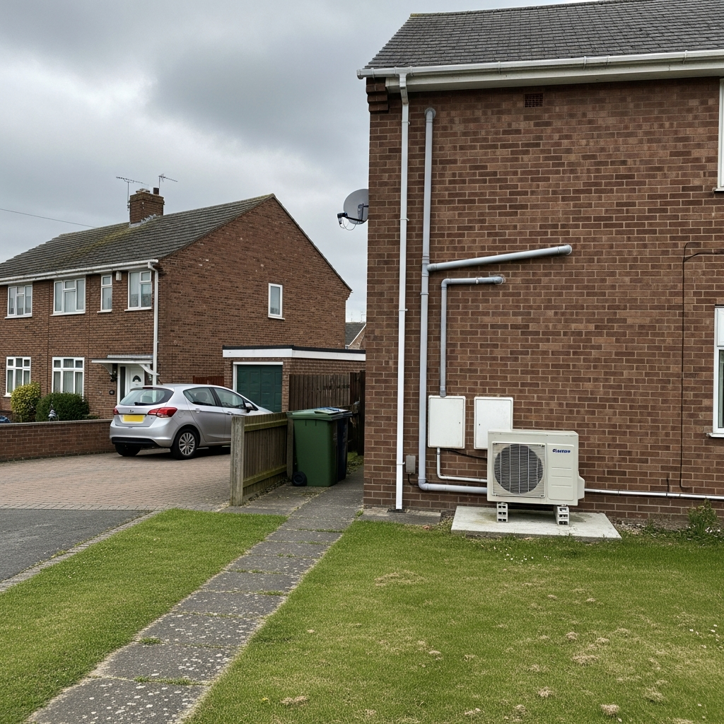 air source heat pump and solar panels installed at UK semi-detached home showing combined renewable heating system