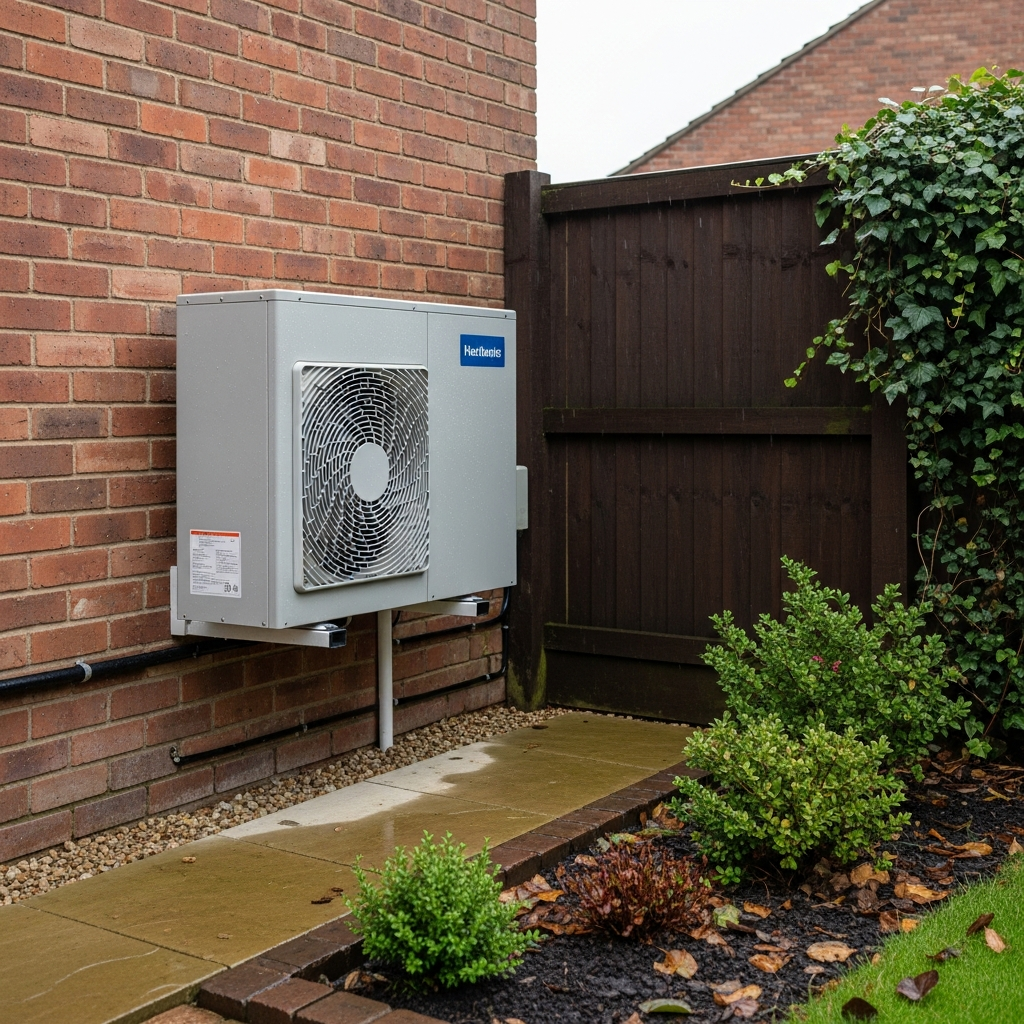 Close-up of an air source heat pump outdoor unit at a UK property showing proper clearance from the wall