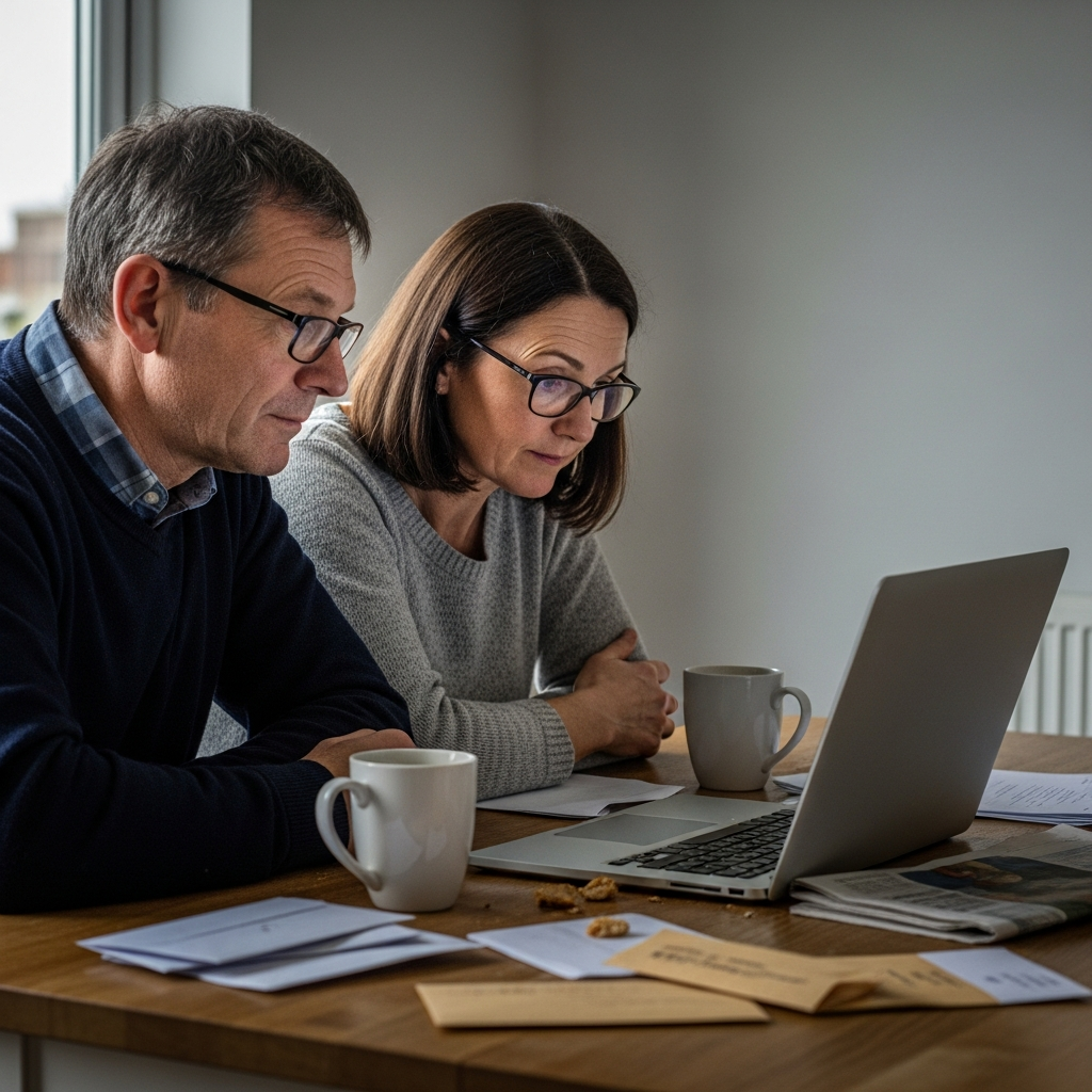 UK couple researching heat pump grant options and funding schemes together