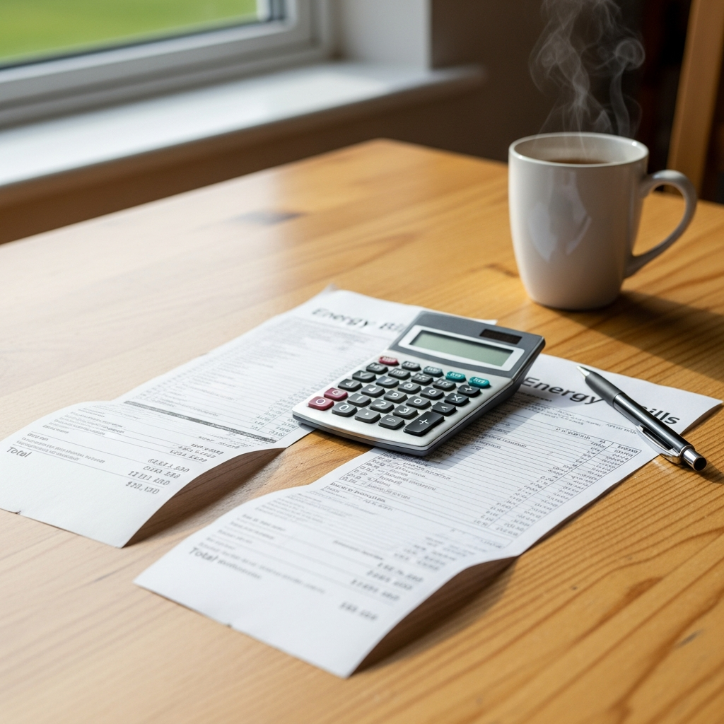 UK homeowner comparing oil heating bills with projected ground source heat pump running costs showing significant savings