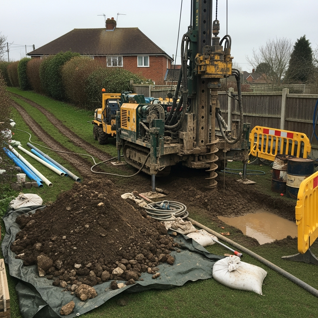 Borehole drilling rig in operation at a UK home for ground source heat pump vertical loop