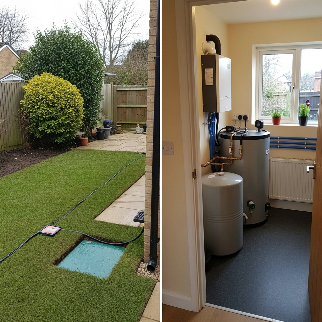 Completed ground source heat pump system installed at a UK home showing indoor unit and pipework