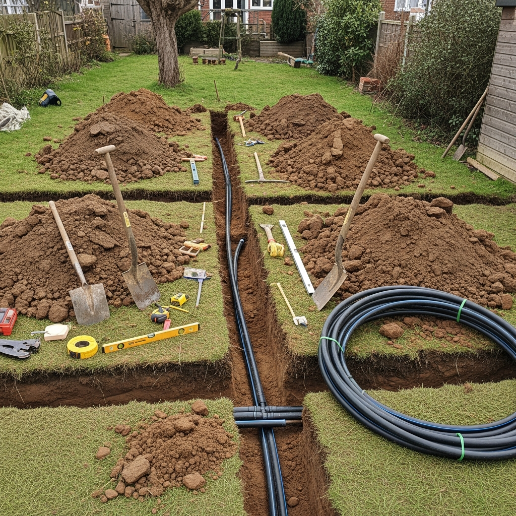 Horizontal ground source heat pump trenches being dug in a UK garden for loop installation