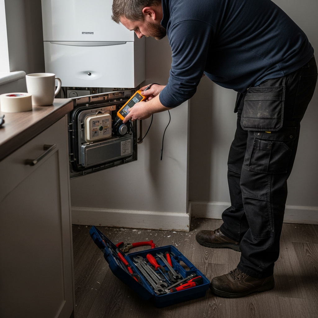 Engineer commissioning borehole ground source heat pump system controls at UK property