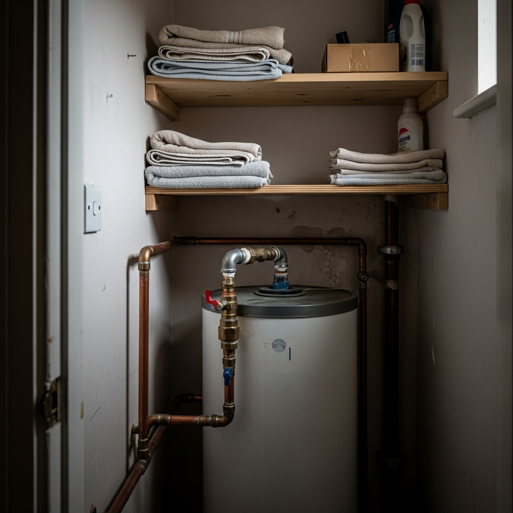 Heat pump hot water cylinder in UK home airing cupboard showing domestic hot water heating component
