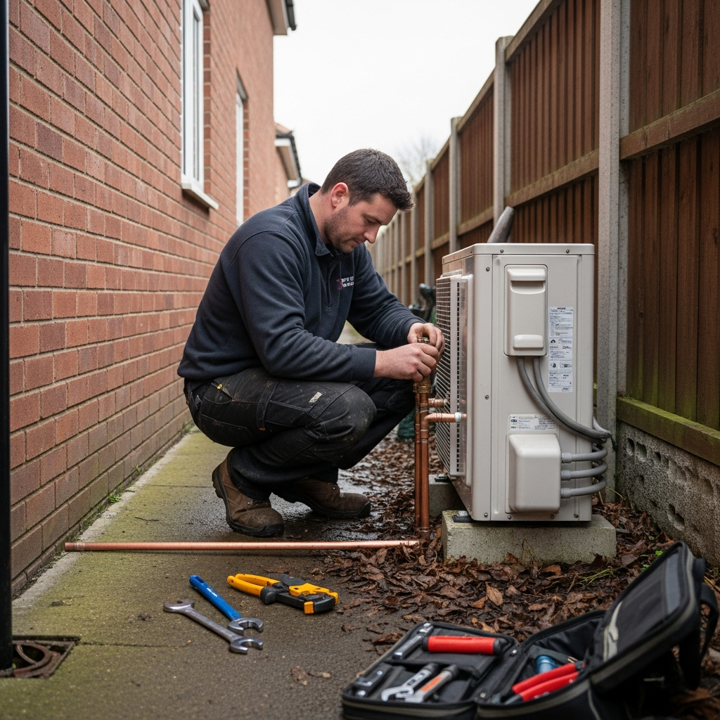 MCS-certified engineer installing air source heat pump outside UK home as part of combined solar and heat pump installation