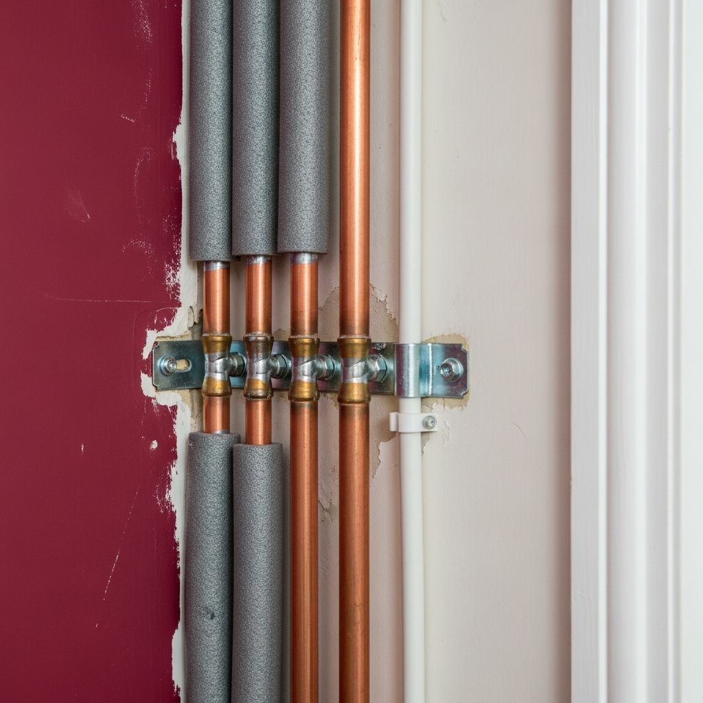 Close-up of air source heat pump pipework installation at a UK home