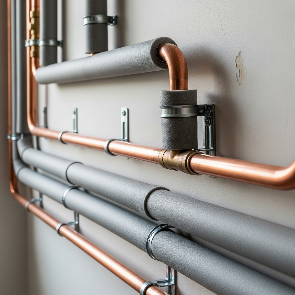 Ground source heat pump borehole pipework connections and manifold inside UK property