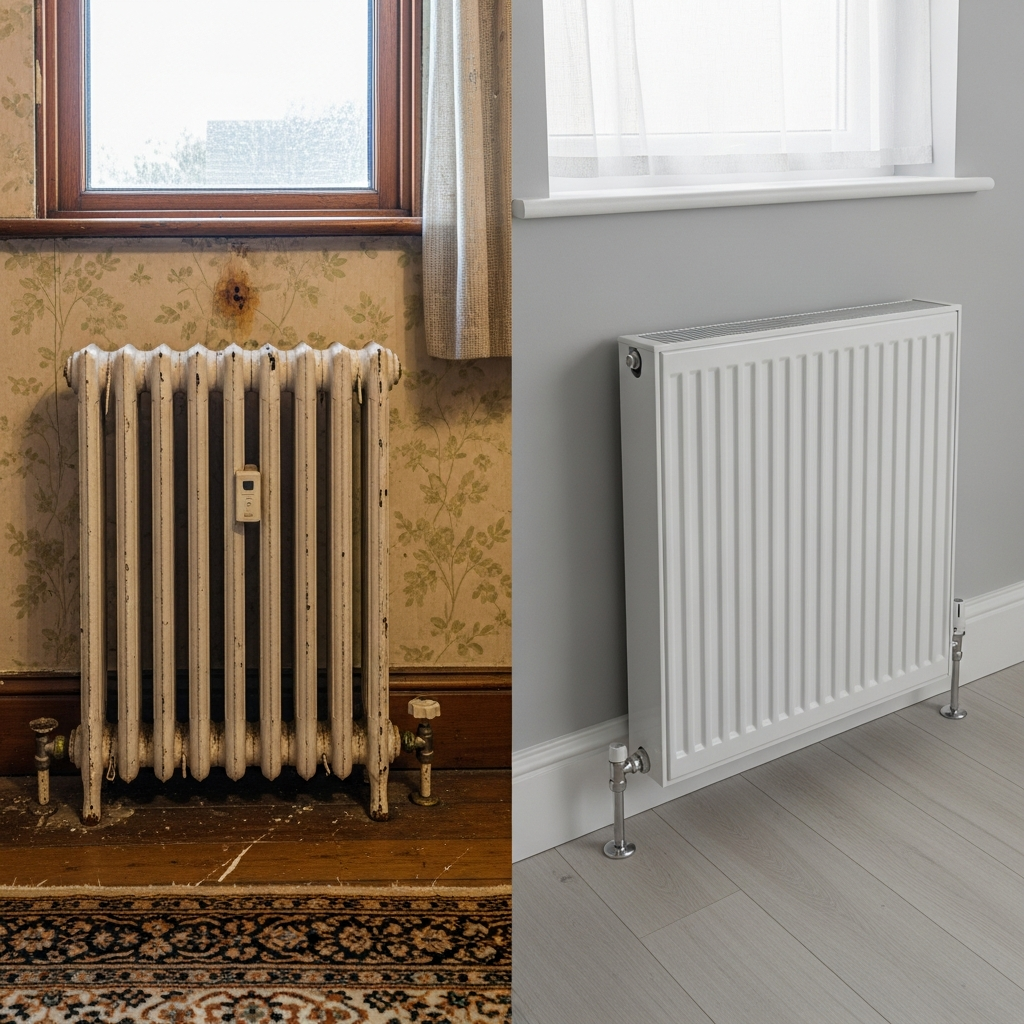 Comparison of old small radiator and new larger radiator suitable for heat pump low flow temperatures in a UK home