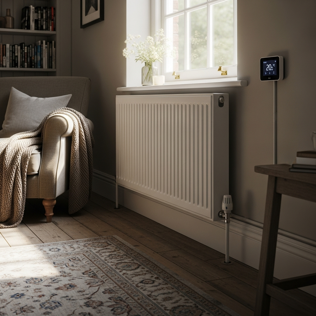 Well-sized radiator in a UK home room providing comfortable heat from a heat pump