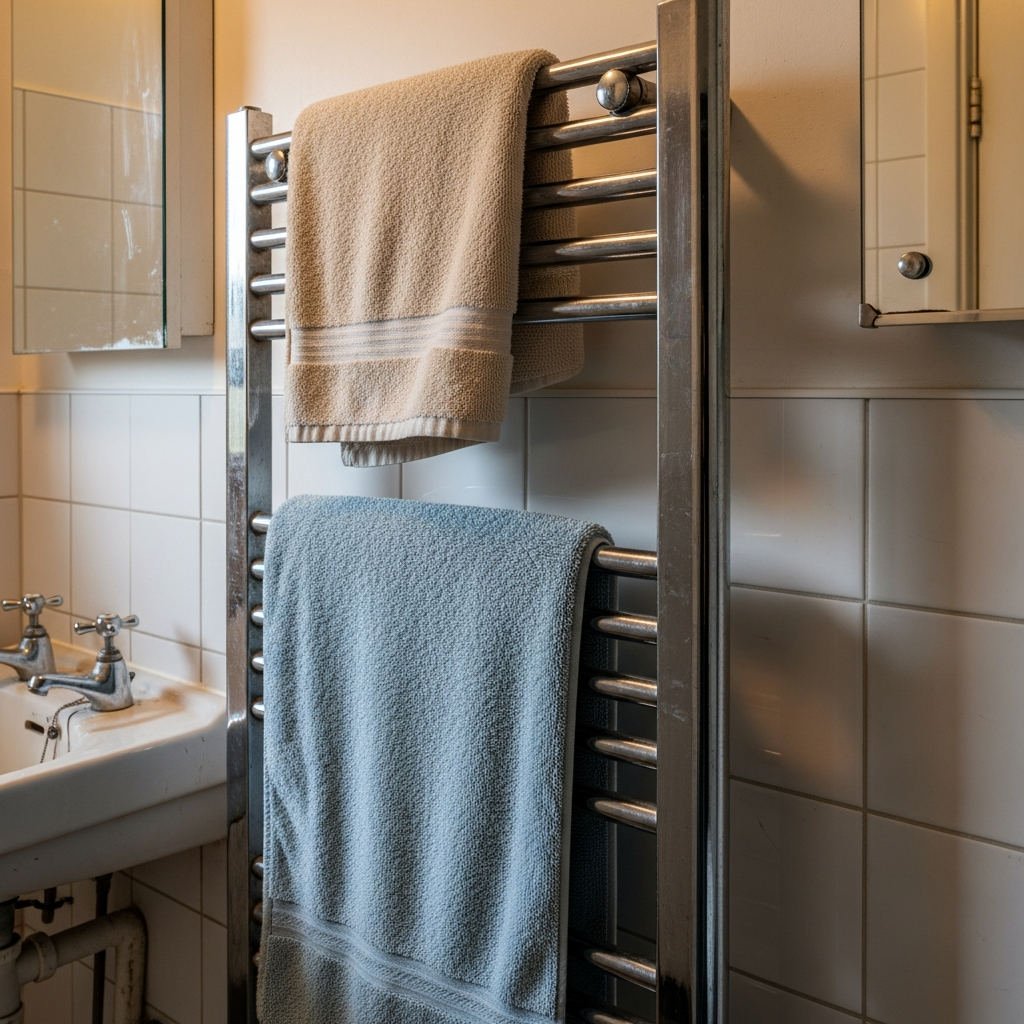 Modern UK bathroom with heated towel rail connected to a heat pump hot water system
