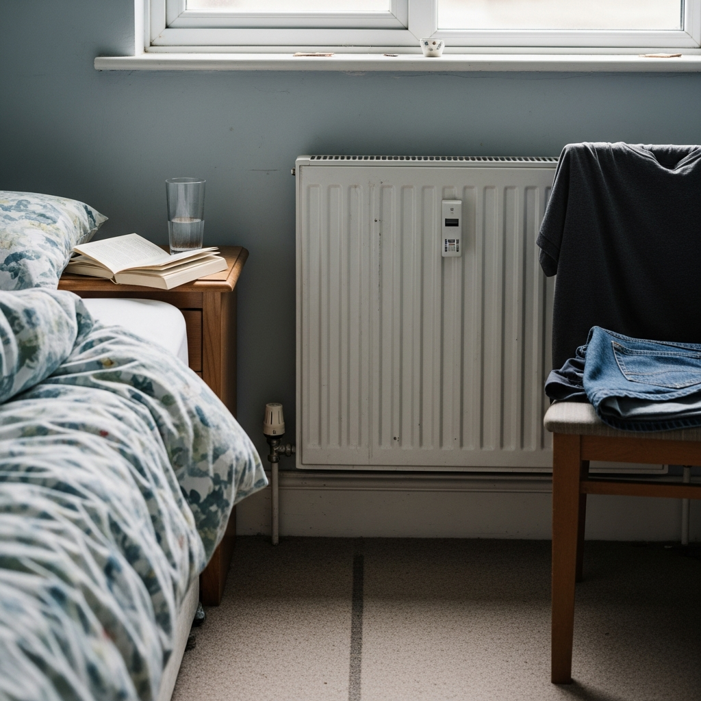 UK bedroom with radiator heated by a Panasonic Aquarea heat pump providing comfortable whole-home warmth
