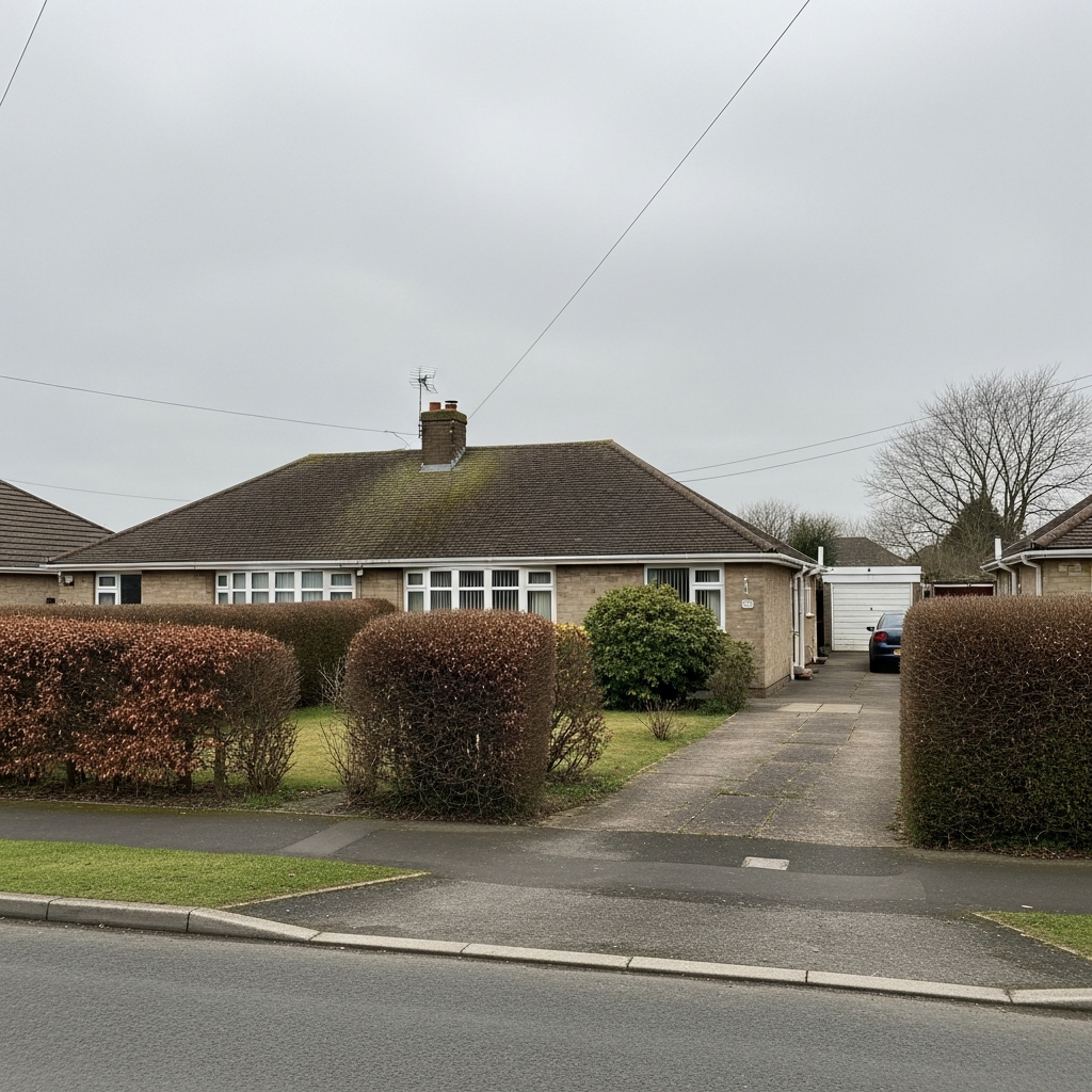UK bungalow exterior, a property type with moderate heat pump electricity usage