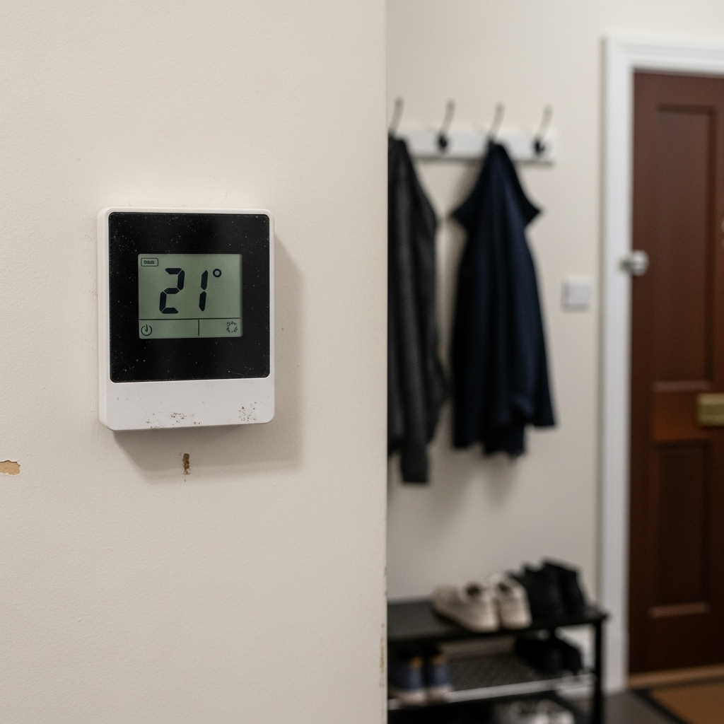 Thermostat mounted on a hallway wall in a UK flat for heating control