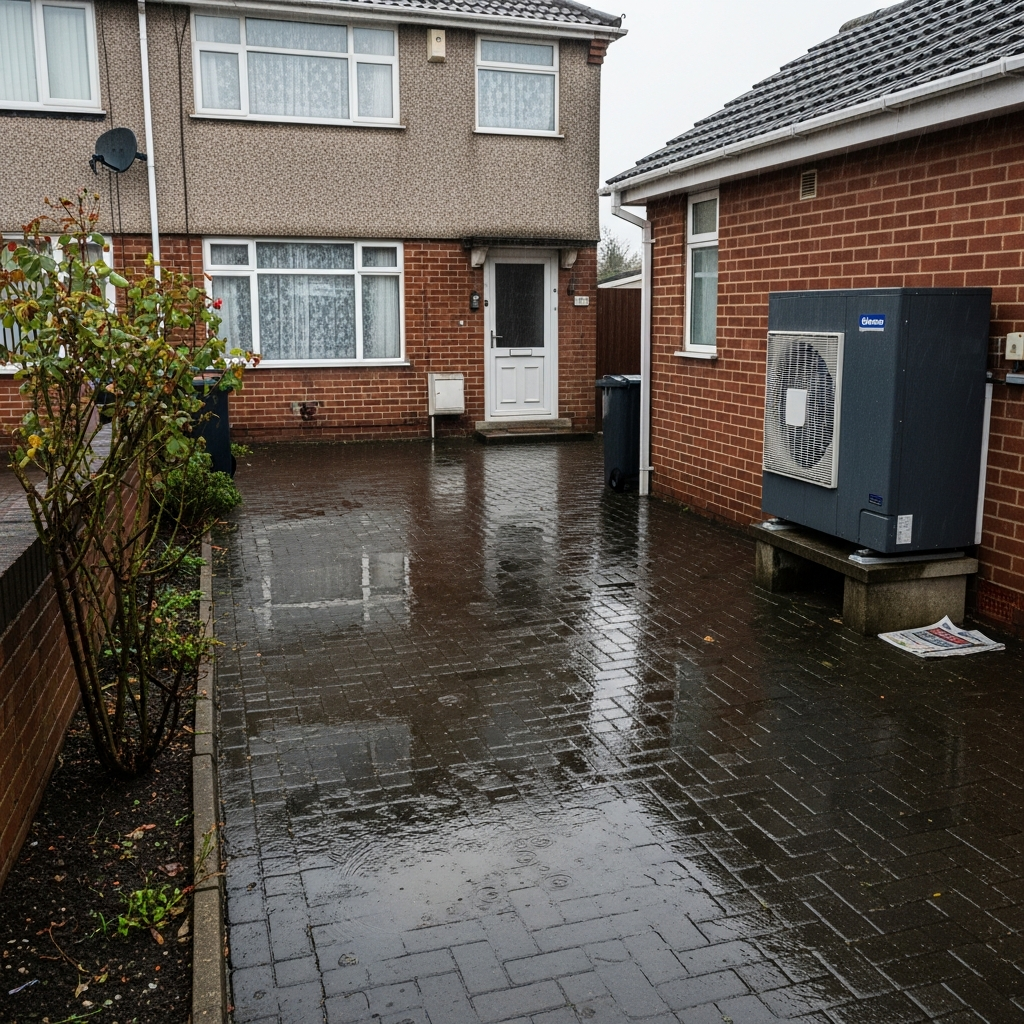 UK home on a cold rainy day, typical conditions heat pumps operate in effectively