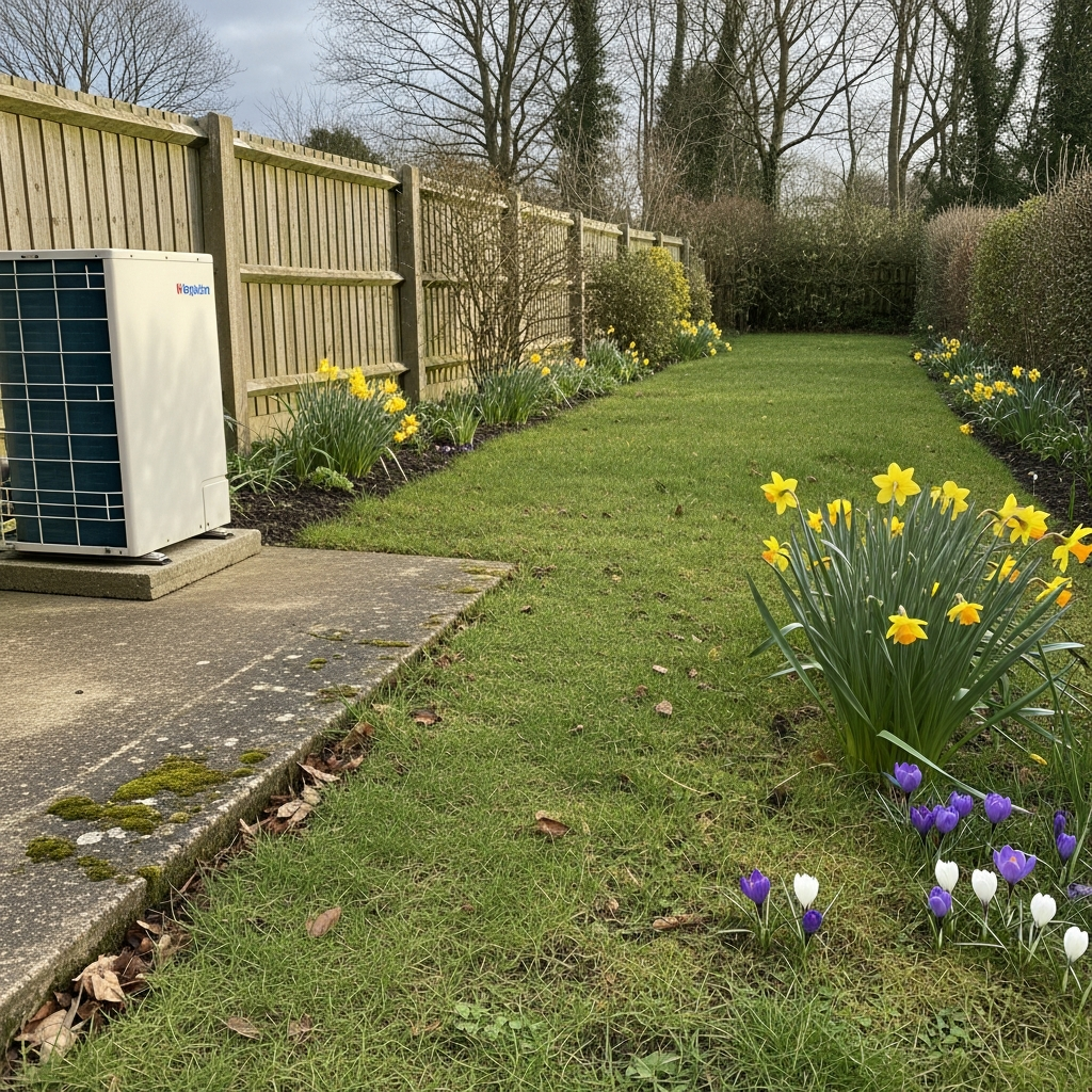 UK garden recovered after horizontal ground source heat pump loop installation with full grass regrowth