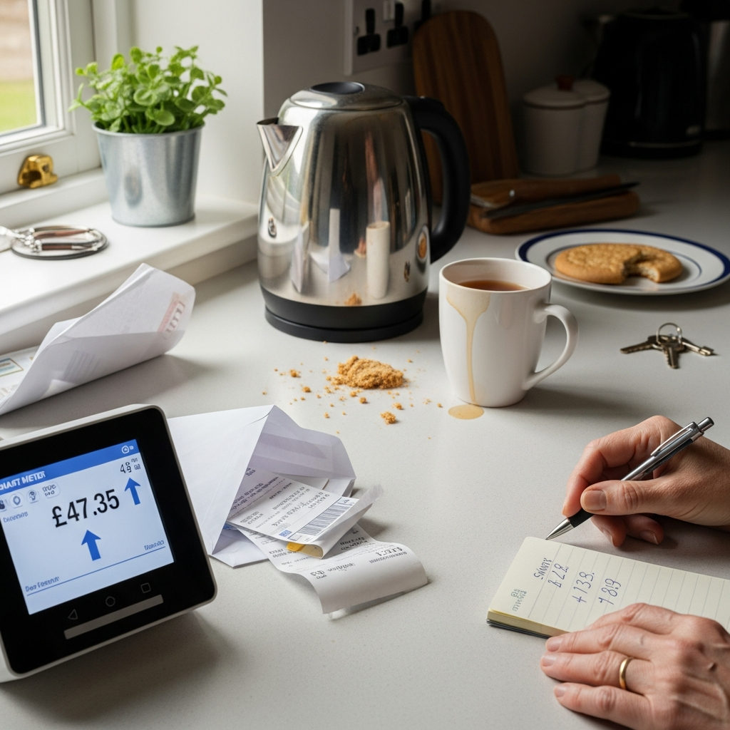 smart meter in-home display showing real-time electricity usage from heat pump offset by solar panel generation