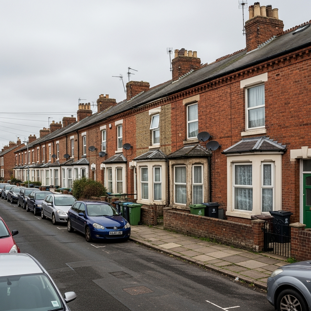 Row of UK terraced houses showing typical older housing stock