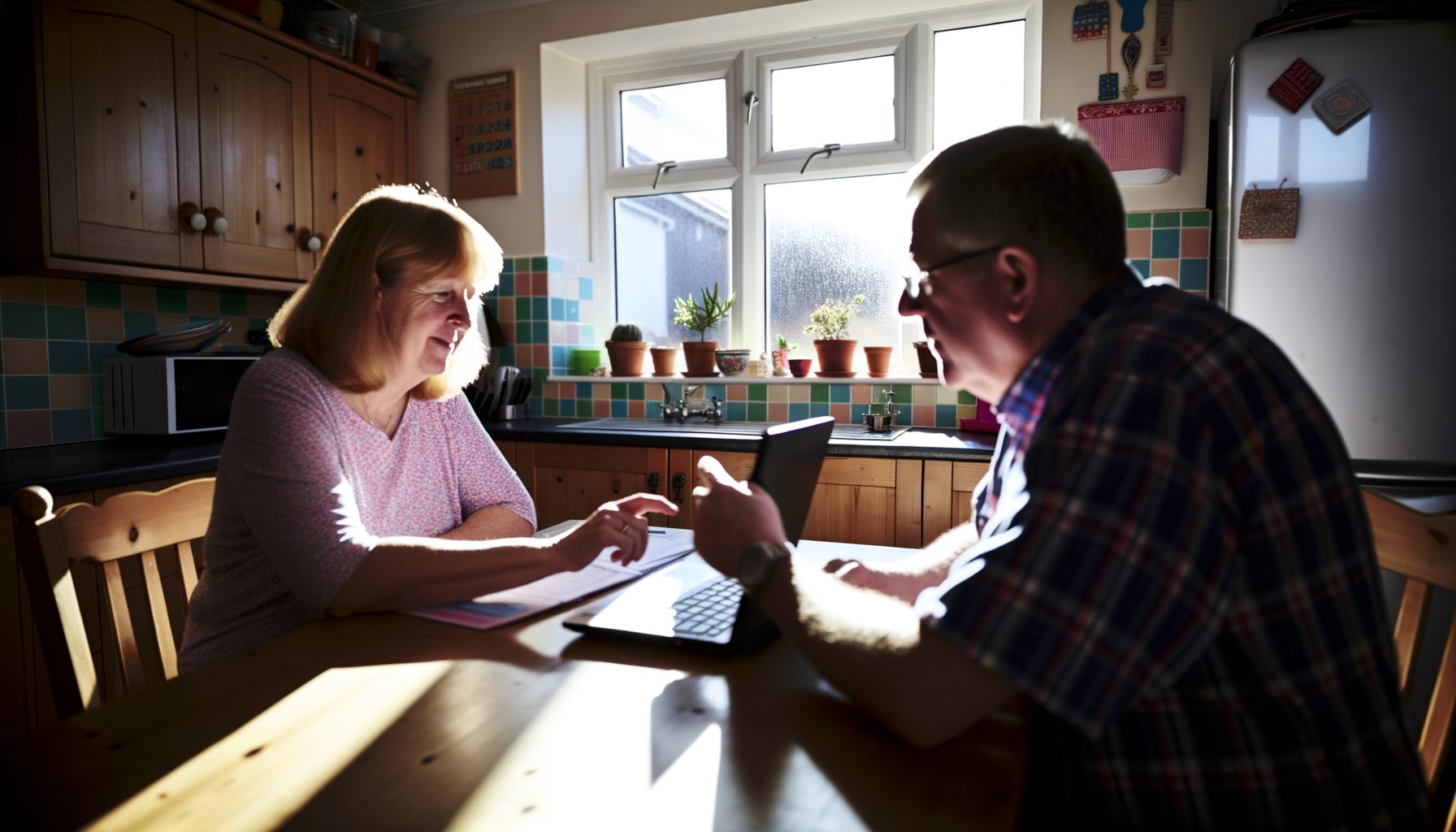 UK couple discussing long-term heat pump cost savings compared to gas boiler