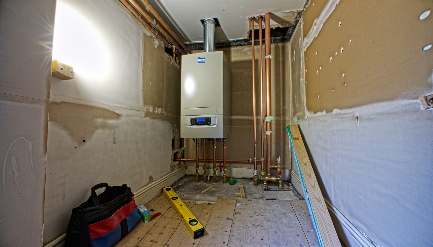 Heat pump being installed to replace a gas boiler at a UK home