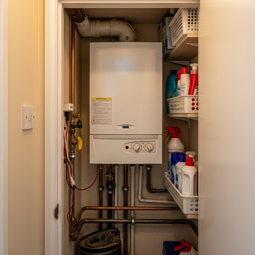 Old gas boiler in a UK home cupboard due for replacement