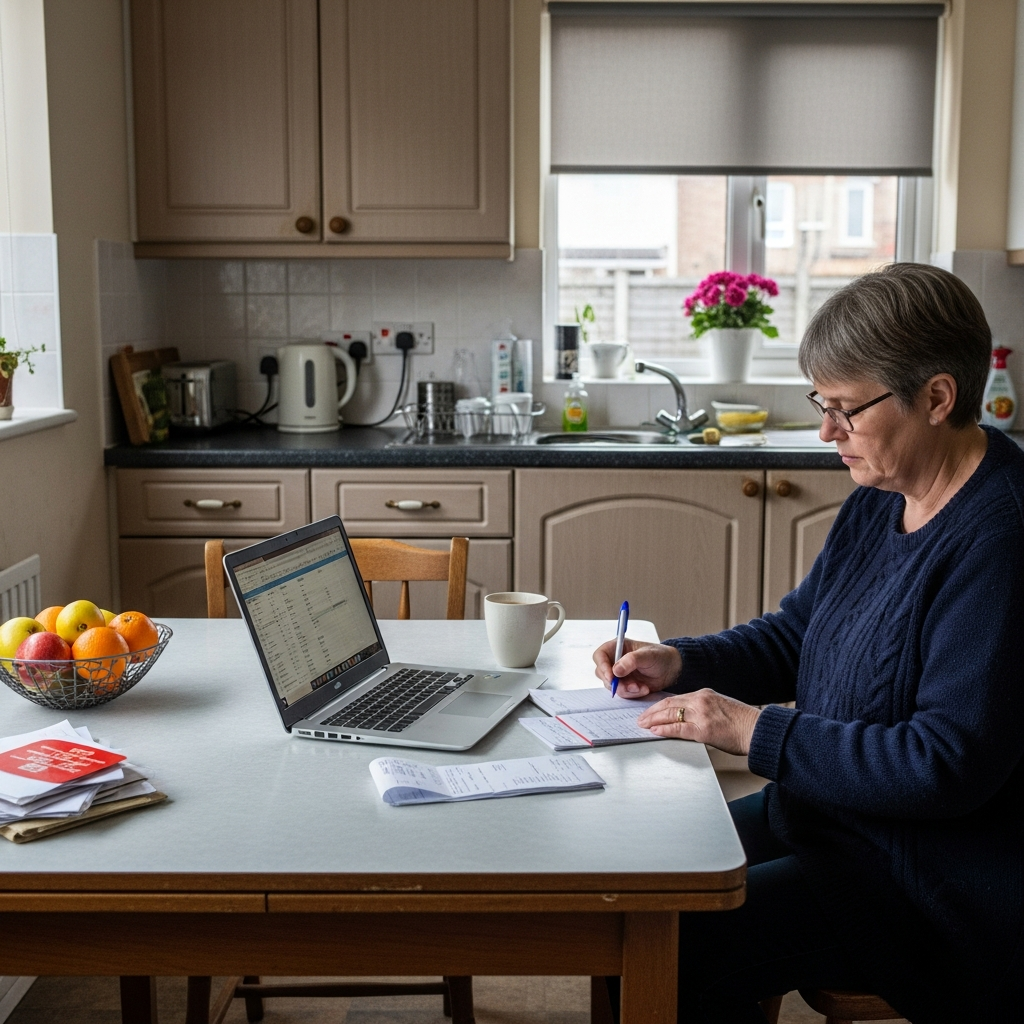 UK homeowner reviewing energy bill and heat pump running cost calculations